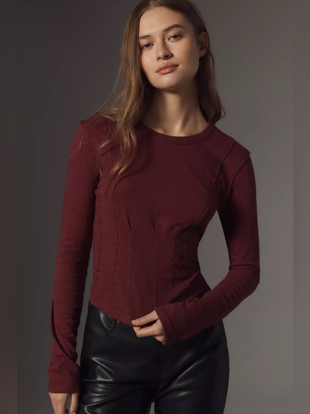 Anthropologie Pilcro Corset Seamed Long Sleeve Top Burgundy Size XS